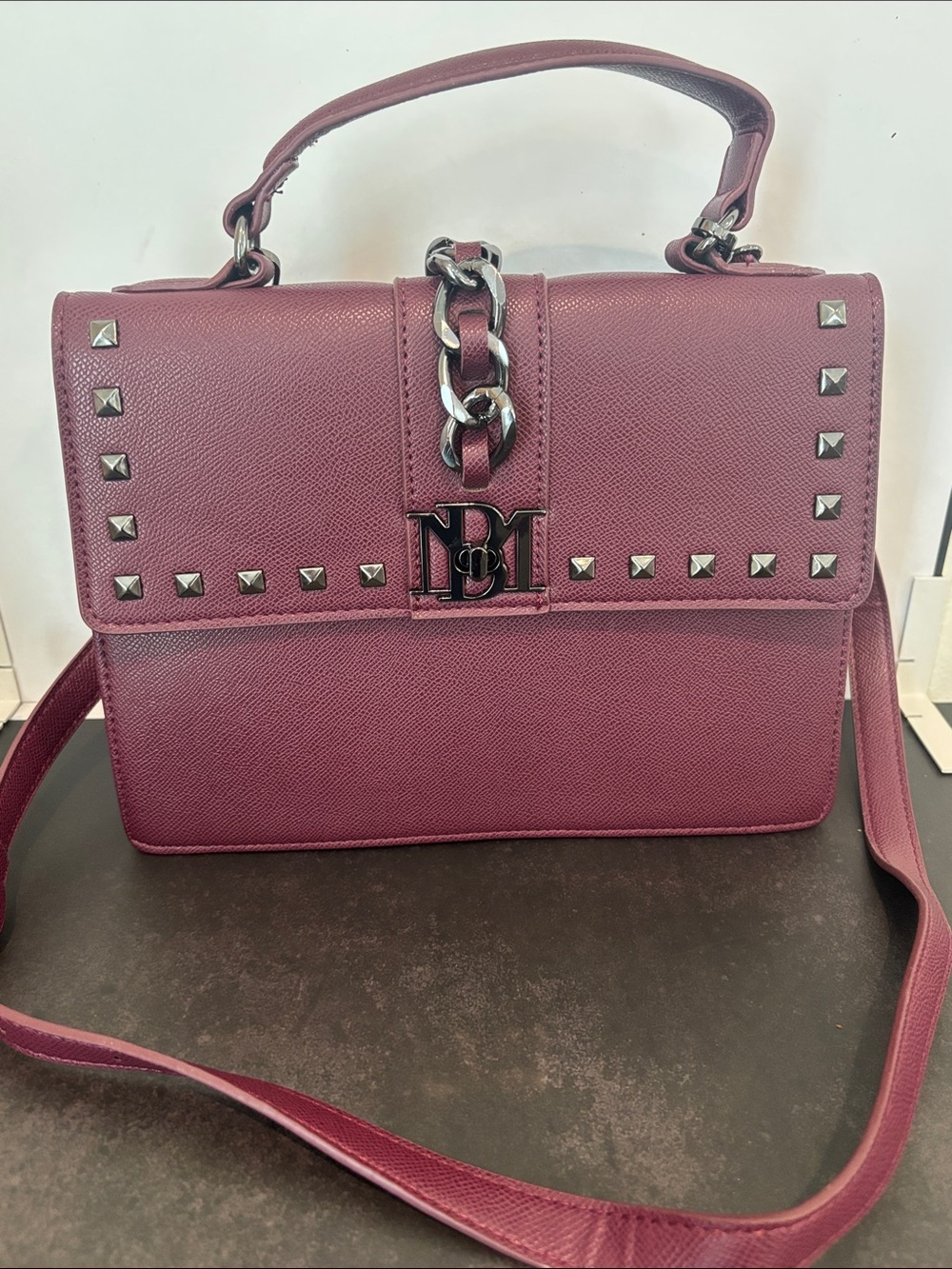 Badgley Mischka Burgundy Studded Satchel Crossbody Bag